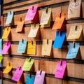 Rainbow of reminders colorful memo notes pinned on a wooden board. Generative AI