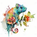 Rainbow Reptile Chameleon with Watercolor and Floral Design - Generative AI