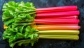 Rainbow Rhubarb Stalks on Dark Surface