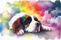 The Rainbow Road, old dog that has passed on sleeping on a cloud in the sky