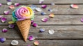 Rainbow rose shaped ice cream cone on wooden table. Generative AI Royalty Free Stock Photo