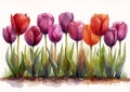 Rainbow Rows: A Vibrant Illustration of Tulips in Mottled Hues