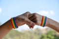 Rainbow rubber wristbands in wrists of asian boy couple