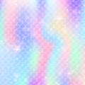 Rainbow scales background with kawaii mermaid princess pattern.