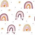 Rainbow seamless pattern. Hand draw boho rainbows, stars and hearts. Creative Scandinavian children texture for fabric, wraps,