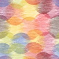 Rainbow seamless stain pattern with rows of grunge striped intersecting colorful round elements on white backdround