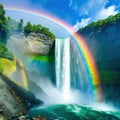 A Rainbow Is Seen Over A Waterfall In The Mountains And Water With Rocks In The Foreground And A Rainbow In The With