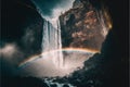 a rainbow is seen in the sky over a waterfall and a river with rocks and water below it Royalty Free Stock Photo
