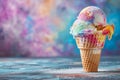 Rainbow Sherbet Ice Cream Cone Against a Whimsical Multicolored Backdrop