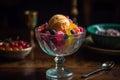 Rainbow sherbet, served in a vintage glass dish - generative AI Royalty Free Stock Photo