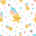 Rainbow shooting star repeat seamless pattern Fun cute kids elements White background Vector Royalty Free Stock Photo