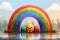 Rainbow, simple graphic on white background, simple shapes, colorful, no shadows, no gradients, low detail, no shading, flat