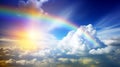 Rainbow in the sky among the clouds. A fabulous fantasy image of a colorful rainbow bridge in bright sunlight.