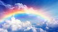 Rainbow in the sky among the clouds. A fabulous fantasy image of a colorful rainbow bridge in bright sunlight