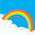 Rainbow in the sky. Dash line contour. Fluffy cloud in corners. Cloudshape. Cloudy weather. LGBT gay symbol sign. Flat design. Blu