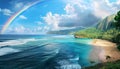 Rainbow in sky over blue ocean, tropical island and sandy beach shoreline. Royalty Free Stock Photo