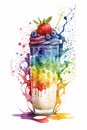 Rainbow smoothie in a tall glass on white background, watercolor illustration, generative AI Royalty Free Stock Photo