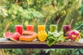 Rainbow from smoothies. Watermelon, papaya, mango, spinach and dragon fruit. Smoothies, juices, beverages, drinks Royalty Free Stock Photo