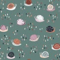 Rainbow snails in the rain seamless pattern. Summer nursery vector background in earthy trending colors. Hand-drawn