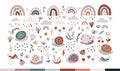 Rainbow snails in the rain. Summer vector set in earthy trending colors. Hand-drawn naive illustrations in a simple Royalty Free Stock Photo