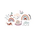 Rainbow snails in the rain. Summer vector set in earthy trending colors. Hand-drawn naive illustrations in a simple Royalty Free Stock Photo