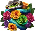 a rainbow snake tangled in a bouquet of roses. AI-Generated. Royalty Free Stock Photo