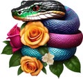 a rainbow snake tangled in a bouquet of roses. AI-Generated. Royalty Free Stock Photo