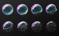 Rainbow soap bubbles explosion. Realistic break stages, 3d transparent flying balls, time lapse burst moment, bursting Royalty Free Stock Photo