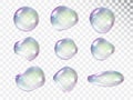 Rainbow soap bubbles with highlights and reflections of various shapes isolated on a light background. Set of Royalty Free Stock Photo