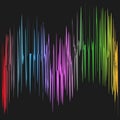 Rainbow soundwave pattern. Vibrant gradient spectrum. Abstract audio visualization. Black background contrast.