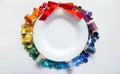 Rainbow spectrum buttons and reels with colorful threads, laid out in form of wreath with red bow around a white plate with space