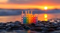 Rainbow Stack of Plastic Cups on Pebbles at Sunset Royalty Free Stock Photo