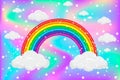 Rainbow with stars and clouds on fantasy pastel color holographic background