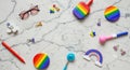 Rainbow Stationery Delight on Marble Vibrant rainbow accessories and stationery items arranged on a marble background Royalty Free Stock Photo