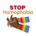 Rainbow stop sign with a hands and text Stop Homophobia for the International Day Against Homophobia. Without background