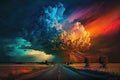 Rainbow storm clouds over a landscape. Thunder and lightning with colors. Beautiful abstract background. Royalty Free Stock Photo