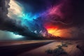 Rainbow storm clouds over a landscape. Thunder and lightning with colors. Beautiful abstract background. Royalty Free Stock Photo