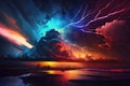 Rainbow storm clouds over a landscape. Thunder and lightning with colors. Beautiful abstract background. Royalty Free Stock Photo