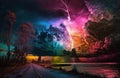 Rainbow storm clouds over a landscape. Thunder and lightning with colors. Beautiful abstract background. Royalty Free Stock Photo