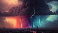 Rainbow storm clouds over a landscape. Thunder and lightning with colors. Beautiful abstract background. Royalty Free Stock Photo