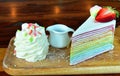 Rainbow Strawberry crape Cake on the Table