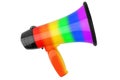 Rainbow striped megaphone on white background isolated close up, LGBT community flag color loudspeaker, LGBTQ loud-hailer