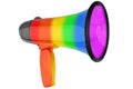 Rainbow striped megaphone on white background isolated close up, LGBT community flag color loudspeaker, LGBTQ loud-hailer