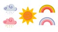 Rainbow, sun, cloud, icon set. Cute cartoon funny baby character. Flat design. Pastel color. Isolated. Vector Royalty Free Stock Photo