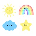 Rainbow, sun, cloud, star icon set. Cute cartoon kawaii funny baby character. Smiling face emotion. Baby charcter collection. Flat Royalty Free Stock Photo