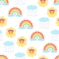 Rainbow, sun, rain seamless pattern. Vector Illustration for printing, backgrounds, covers, packaging, greeting cards, posters, Royalty Free Stock Photo