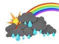 Rainbow, Sun and Rainclouds with drops on white background. 3d illustration Royalty Free Stock Photo