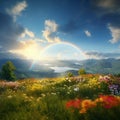 rainbow on sunset sky across a stunning vista landscape,mountains wildflowers sun flares Royalty Free Stock Photo