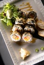 Rainbow Sushi Roll.Sushi menu. Japanese food. Top view of assorted sushi Royalty Free Stock Photo