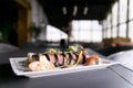 Rainbow Sushi Roll.Sushi menu. Japanese food. Top view of assorted sushi Royalty Free Stock Photo